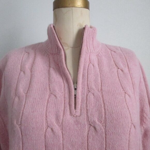 Wool Angora Pink Cable Knit Half Zip Pullover Sweater Mock Neck w/ Pockets - Picture 5 of 11